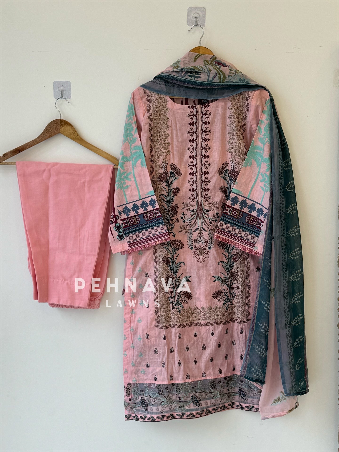 Embroidered cotton suit with chiffon dupatta -blue/pink 3374