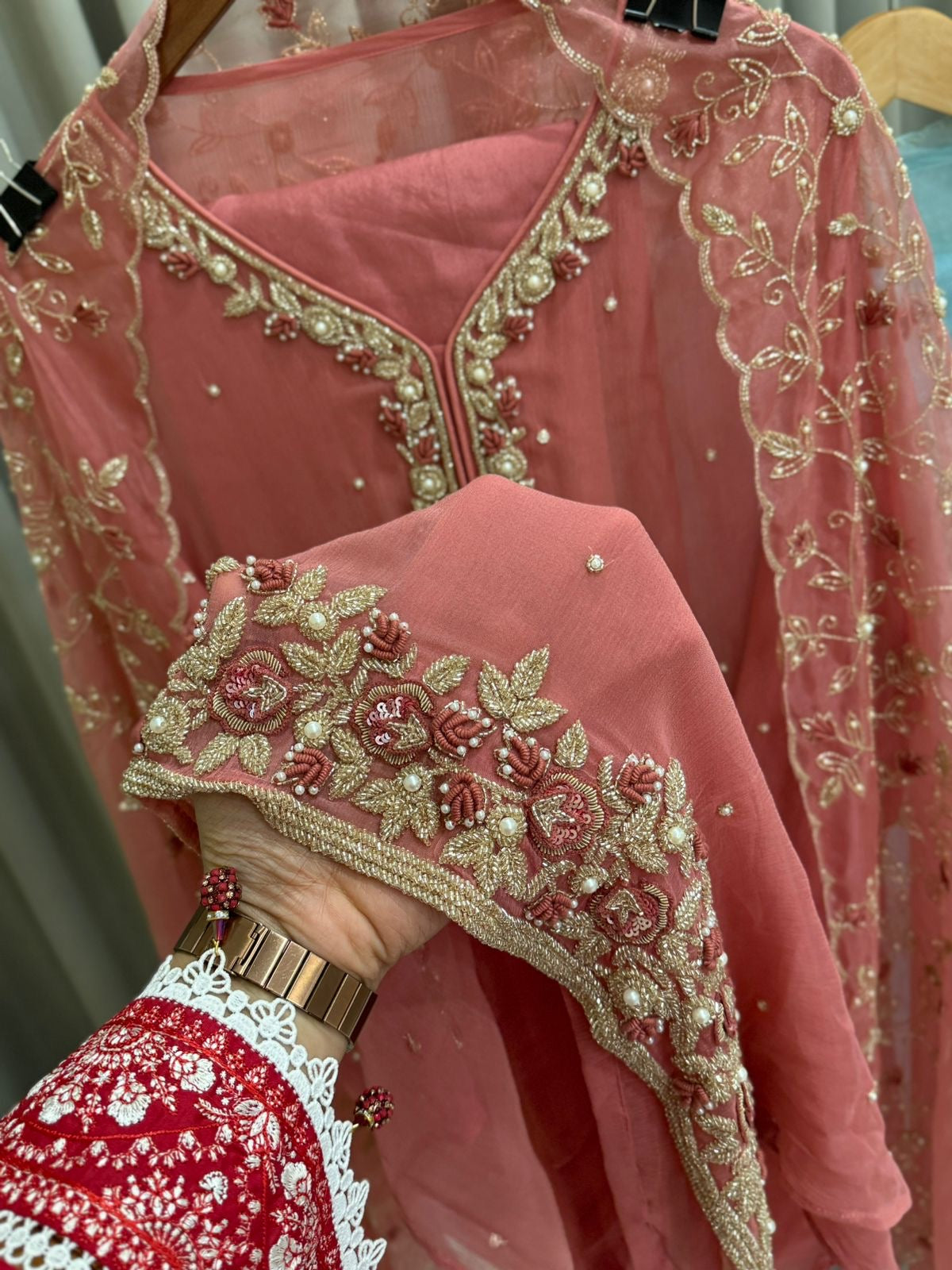 Premium organza  handwork suit with bottom and organza  hand  worked dupatta-1098