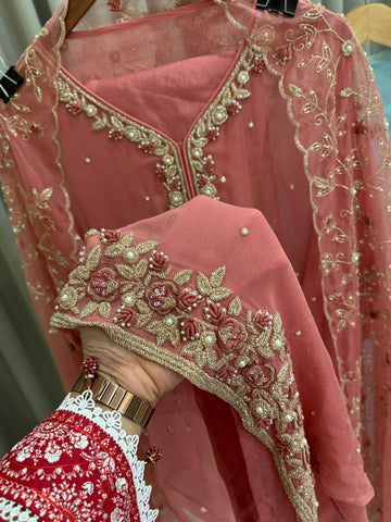 Premium organza  handwork suit with bottom and organza  hand  worked dupatta-1098