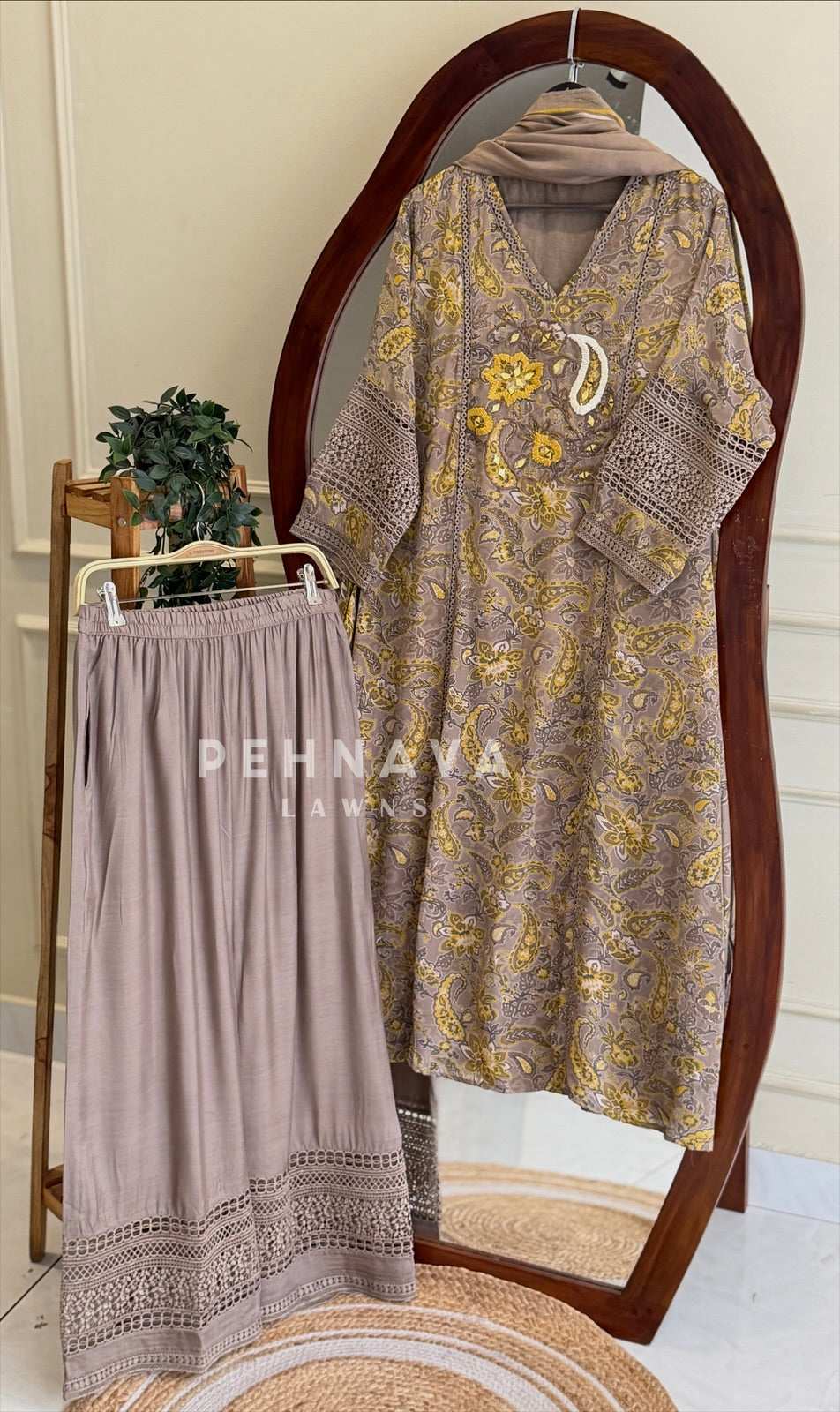 Floral Print Suit with Lace-Olive 2/3 - Pehnava Lawns