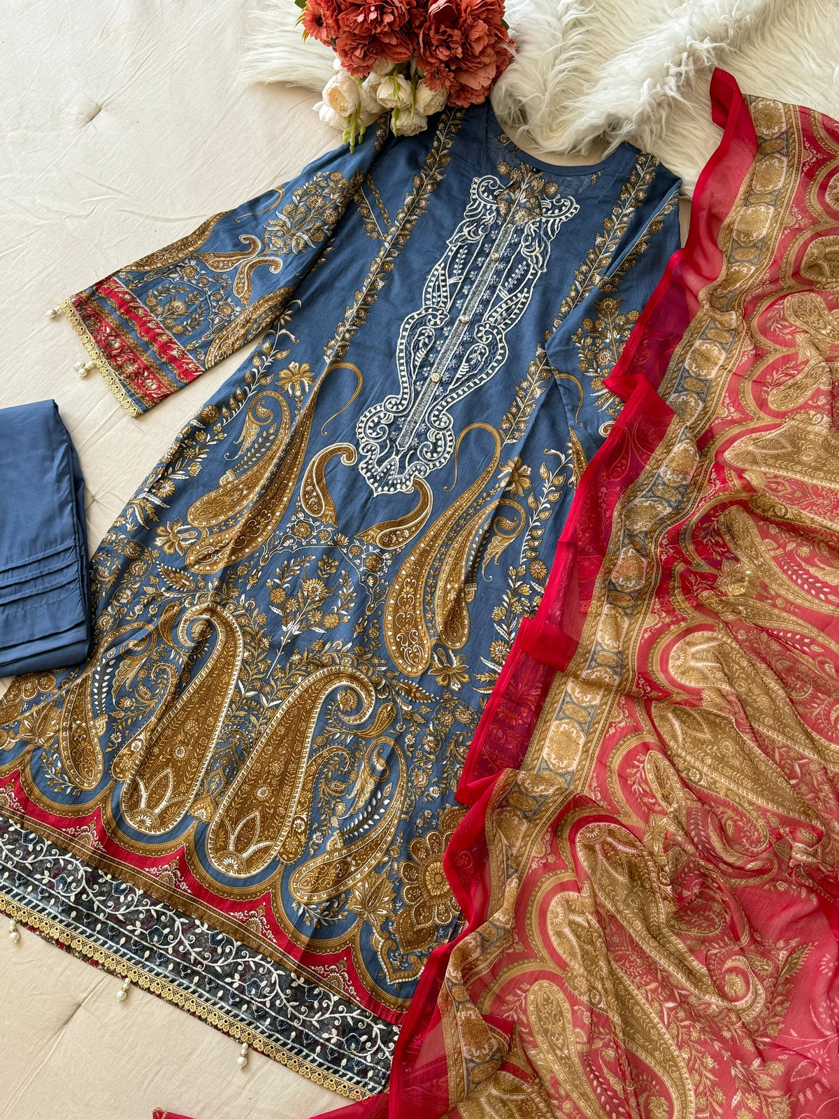 Blue Printed Pakistani Cotton Suit with Chiffon Dupatta 1350