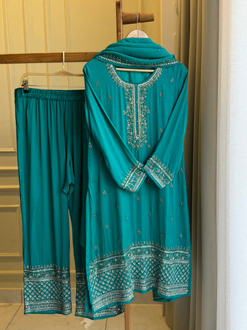Handworked satin silk Suit with organza heavy dupatta-10160