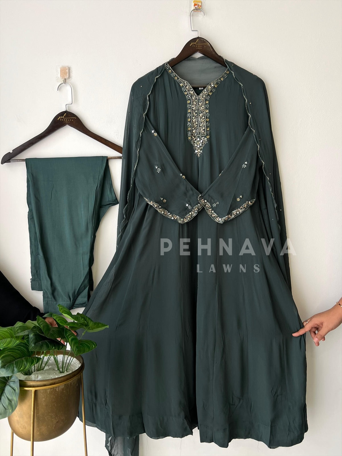 Full-flaired front slitted Gown with hand and Neck detailings - Pehnava Lawns