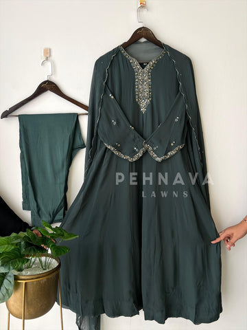 Full-flaired front slitted Gown with hand and Neck detailings - Pehnava Lawns