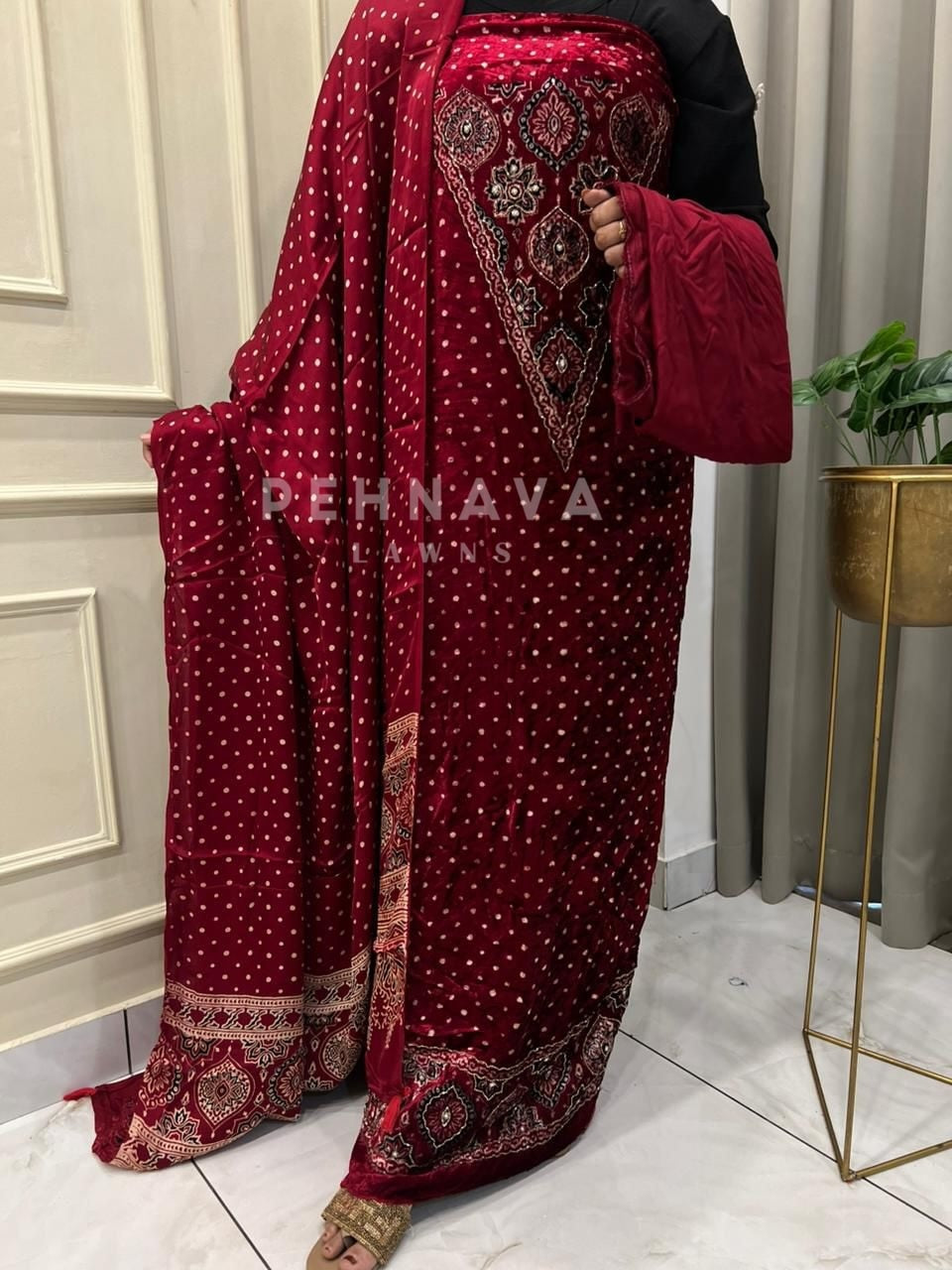 V-Neck Velvet Touch Ajrakh Suit - Pehnava Lawns