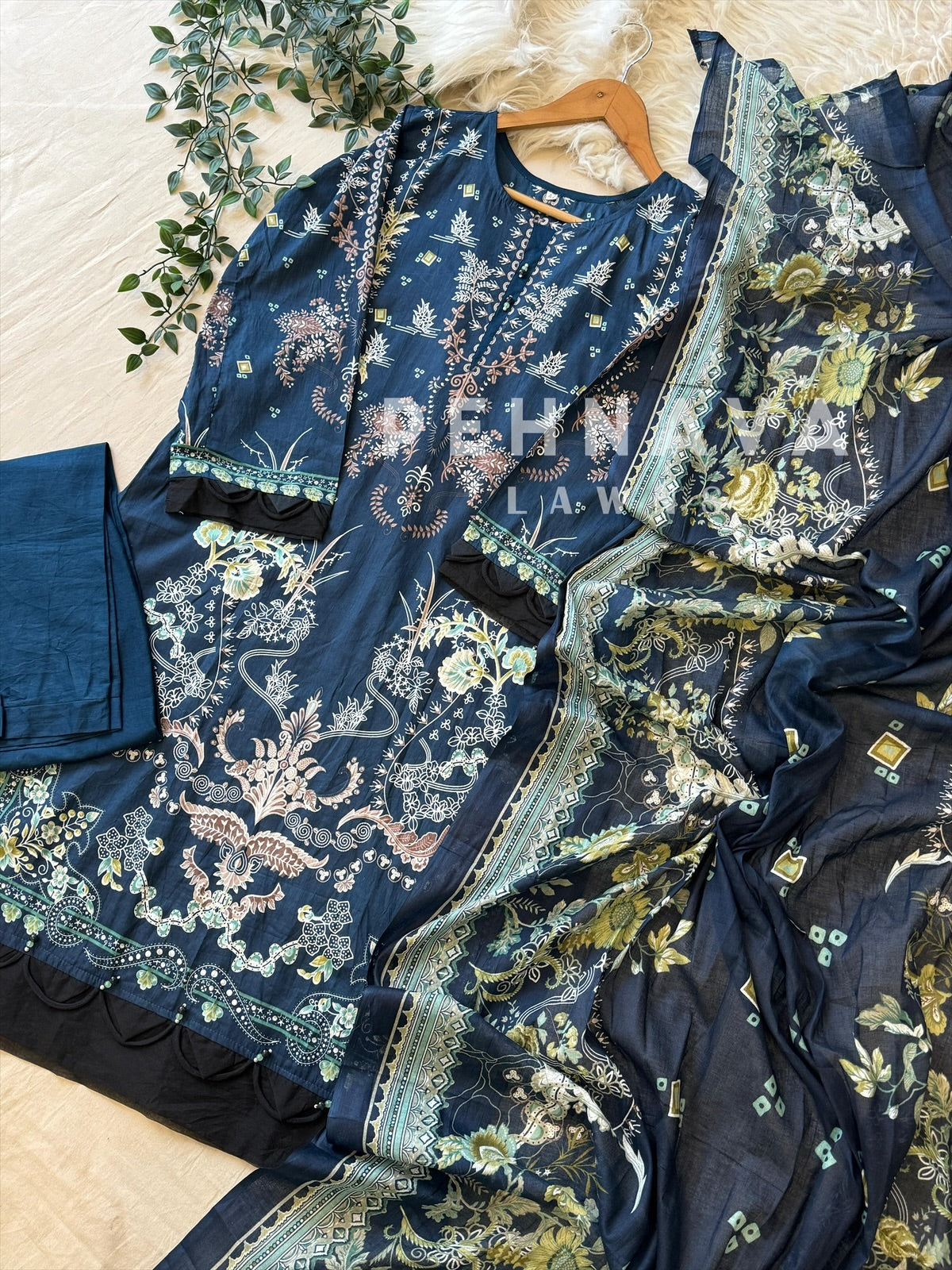 Floral neckline suit with dupatta