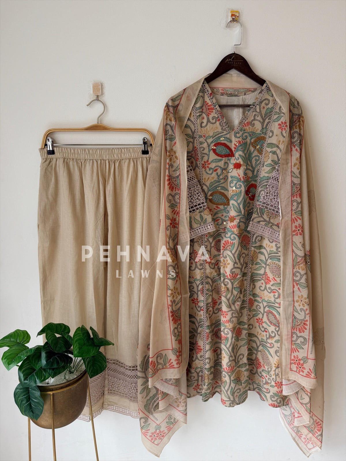 Floral Print Cotton Suit with Lace-6154