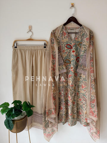 Floral Print Cotton Suit with Lace-6154