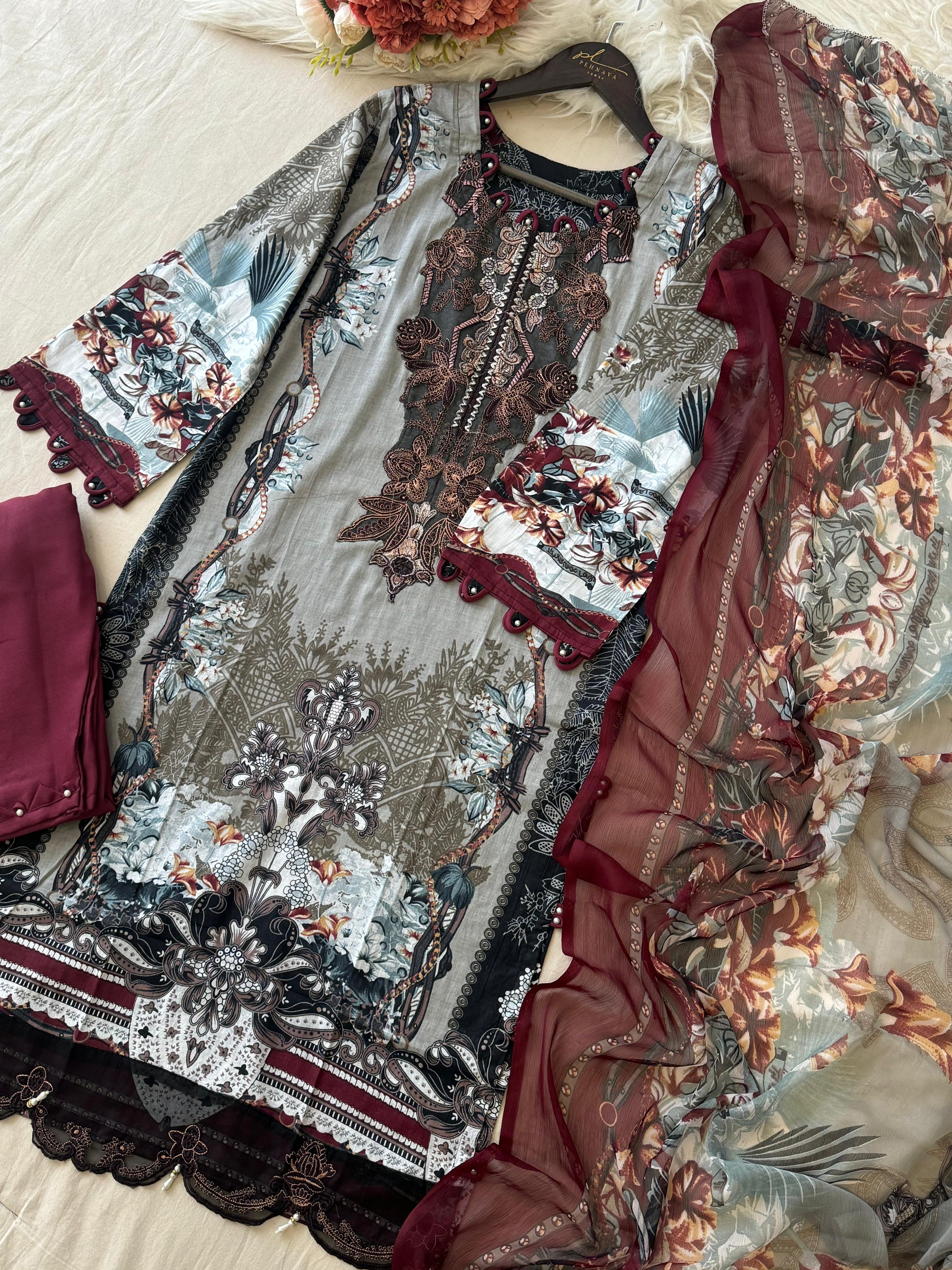 Earthy Grey & Maroon Heritage Print Suit - Pehnava Lawns