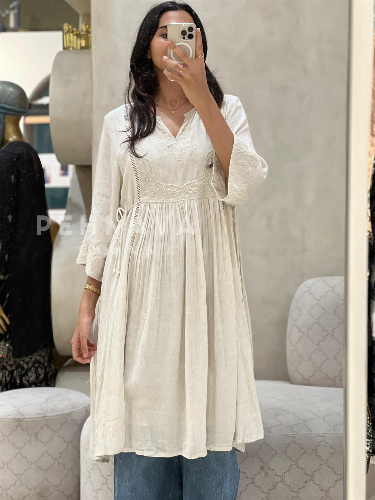 Embroidered Cotton Linen Dress - Pehnava Lawns