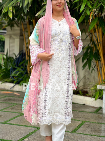 White Suit featuring Embroidery Patches-1296