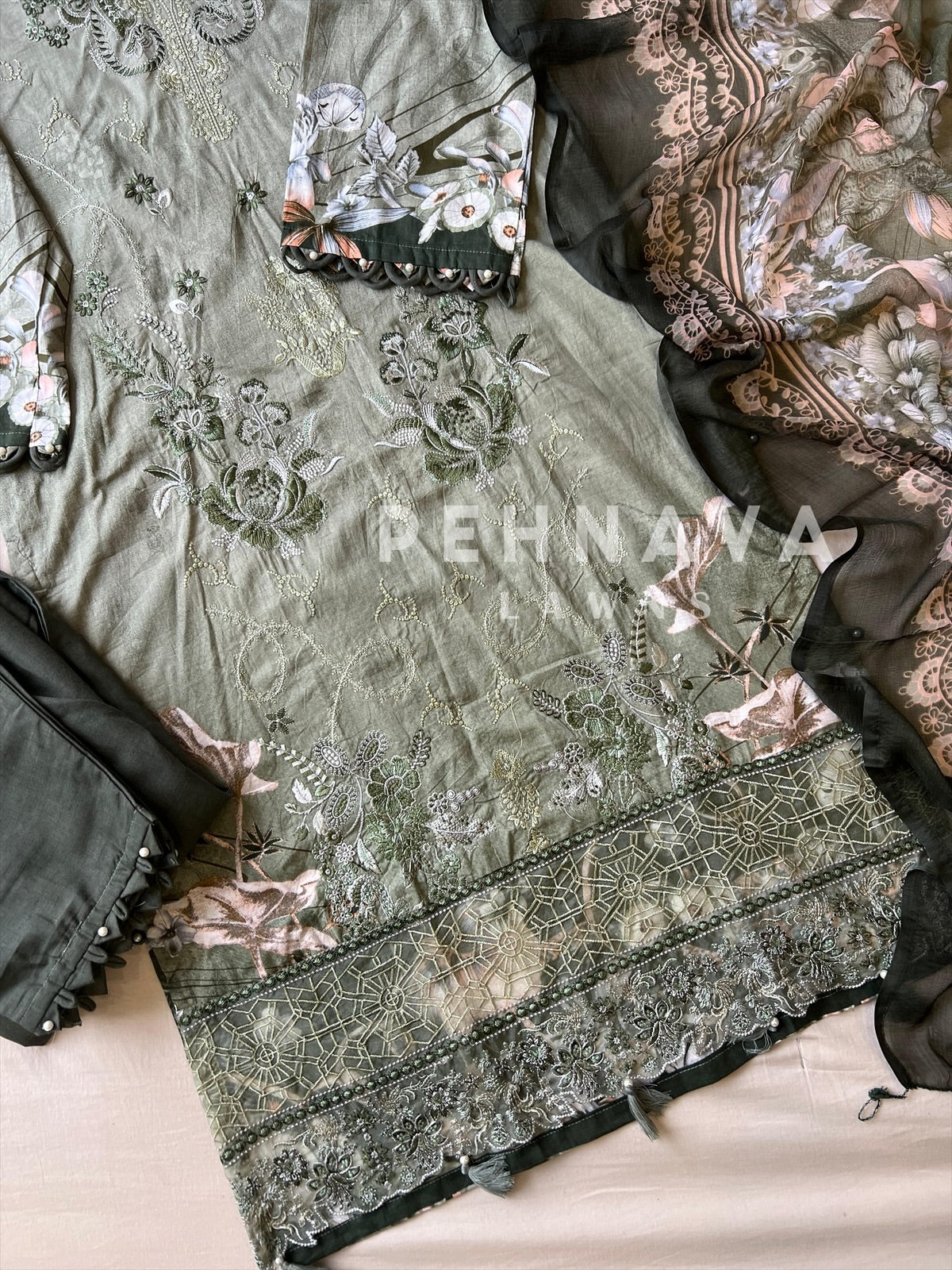 Floral Embroidered Cotton Suit Green-4109