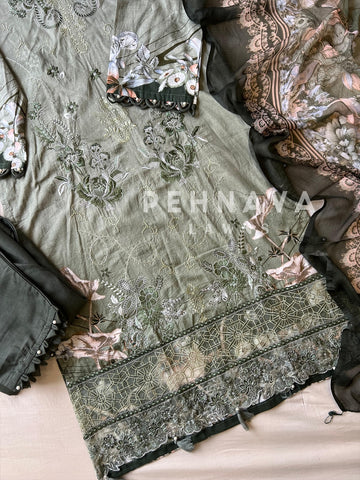 Floral Embroidered Cotton Suit Green-4109