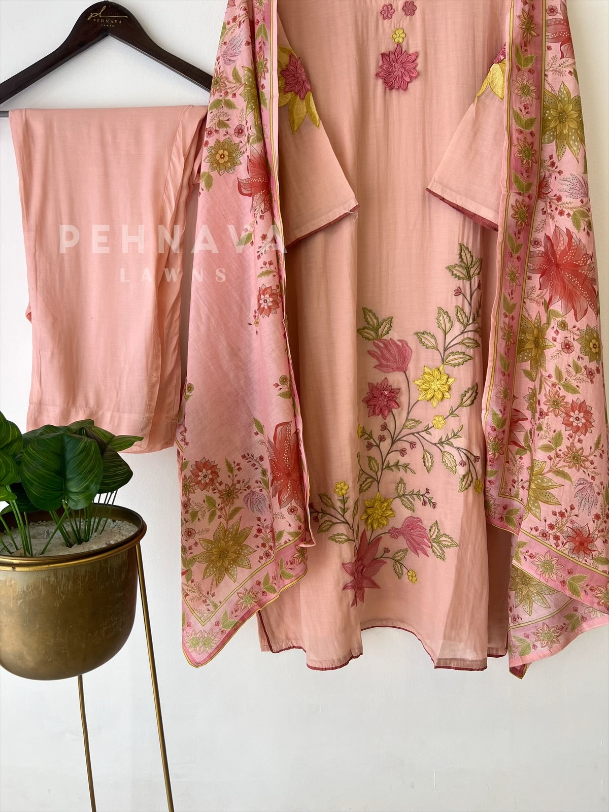 Floral Embroidered with Appliqué Chanderi Suit - Pehnava Lawns