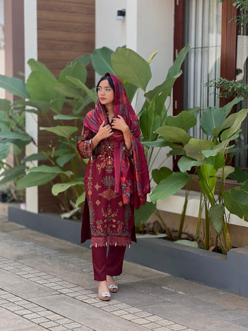 Embroidered cotton suit with chiffon dupatta - 0155/1151