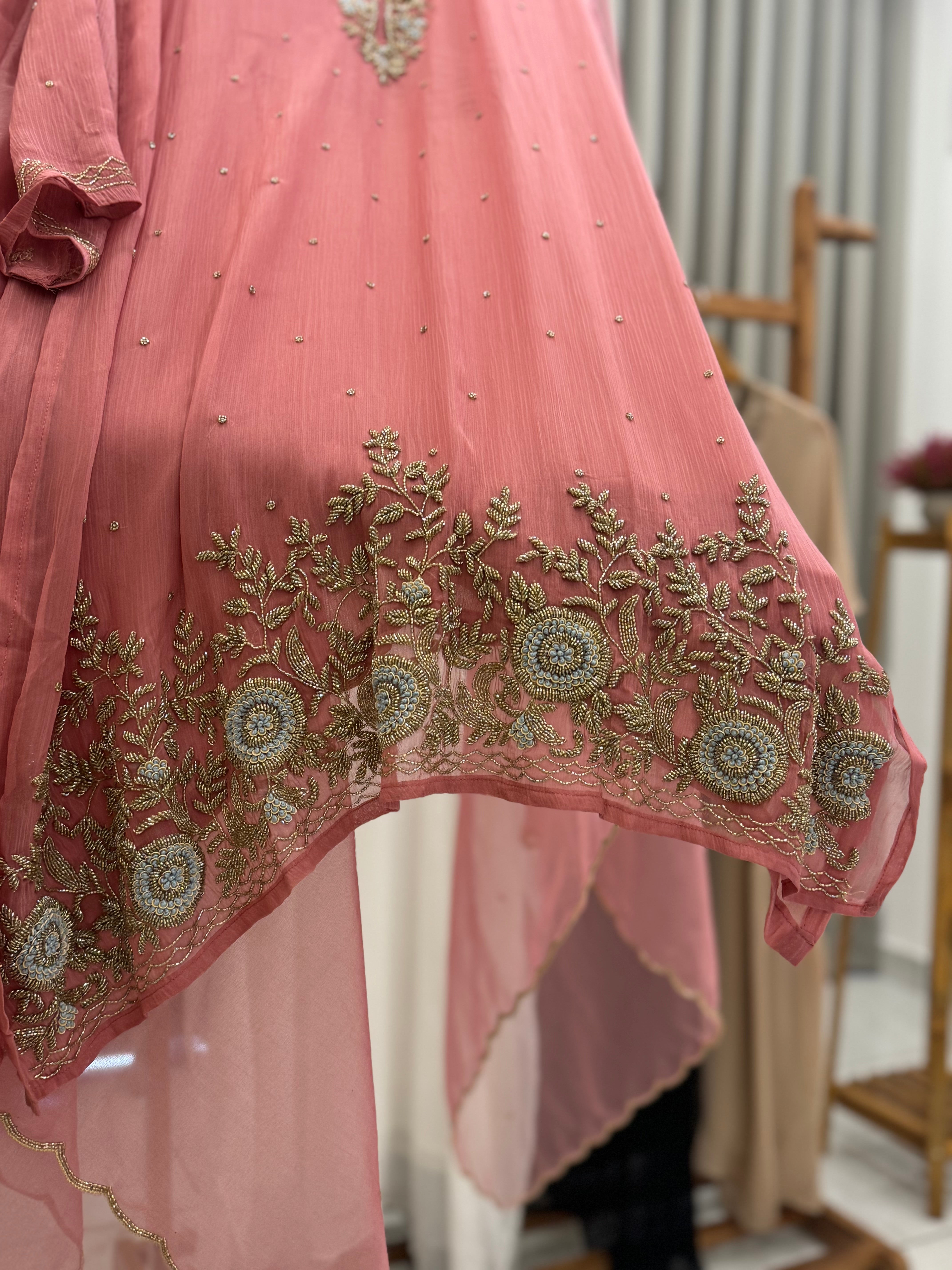 Premium chiffon handwork semi-stitched suit-pink