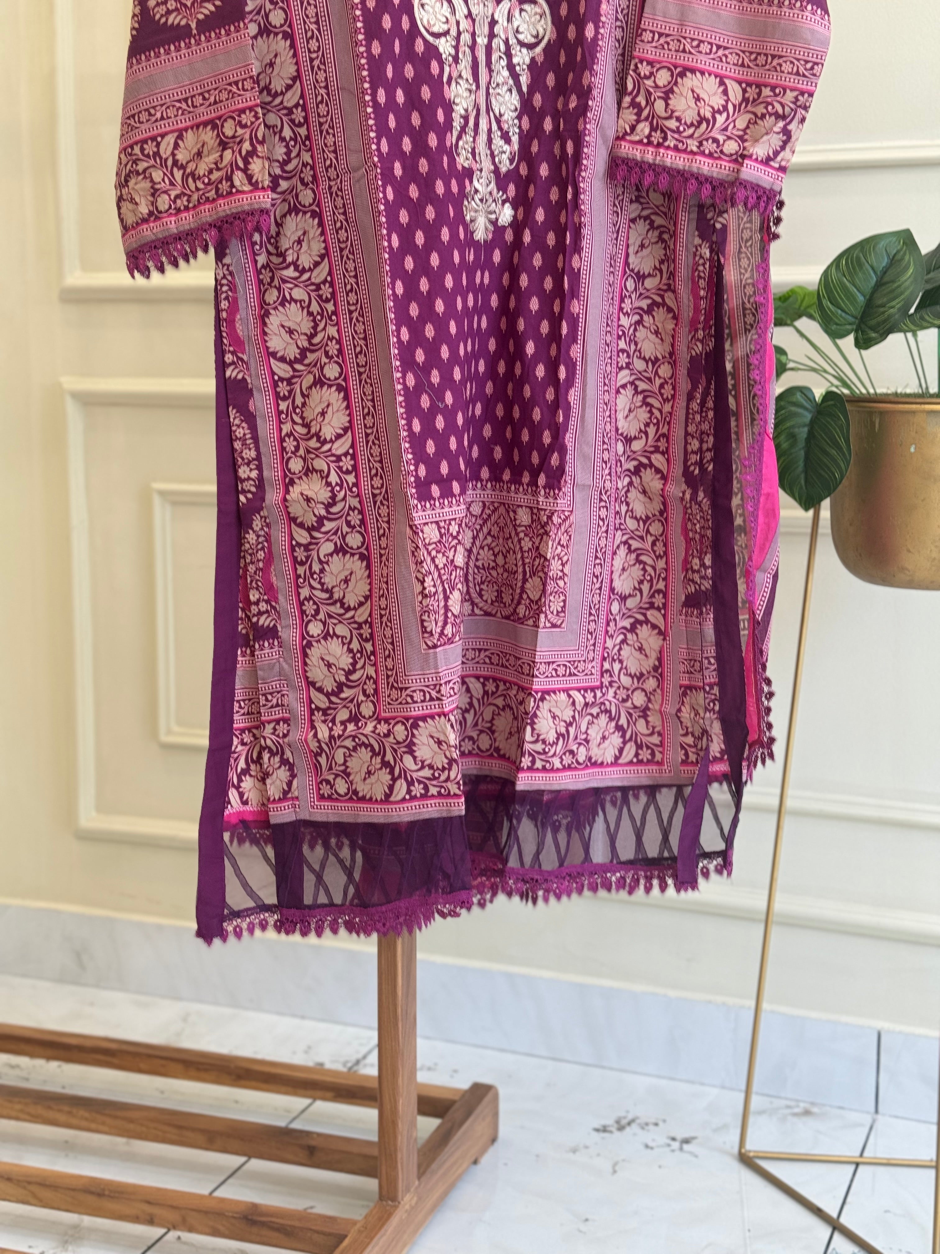 Maroon Elegance Khaadi 3-Piece Embroidered Lawn Suit