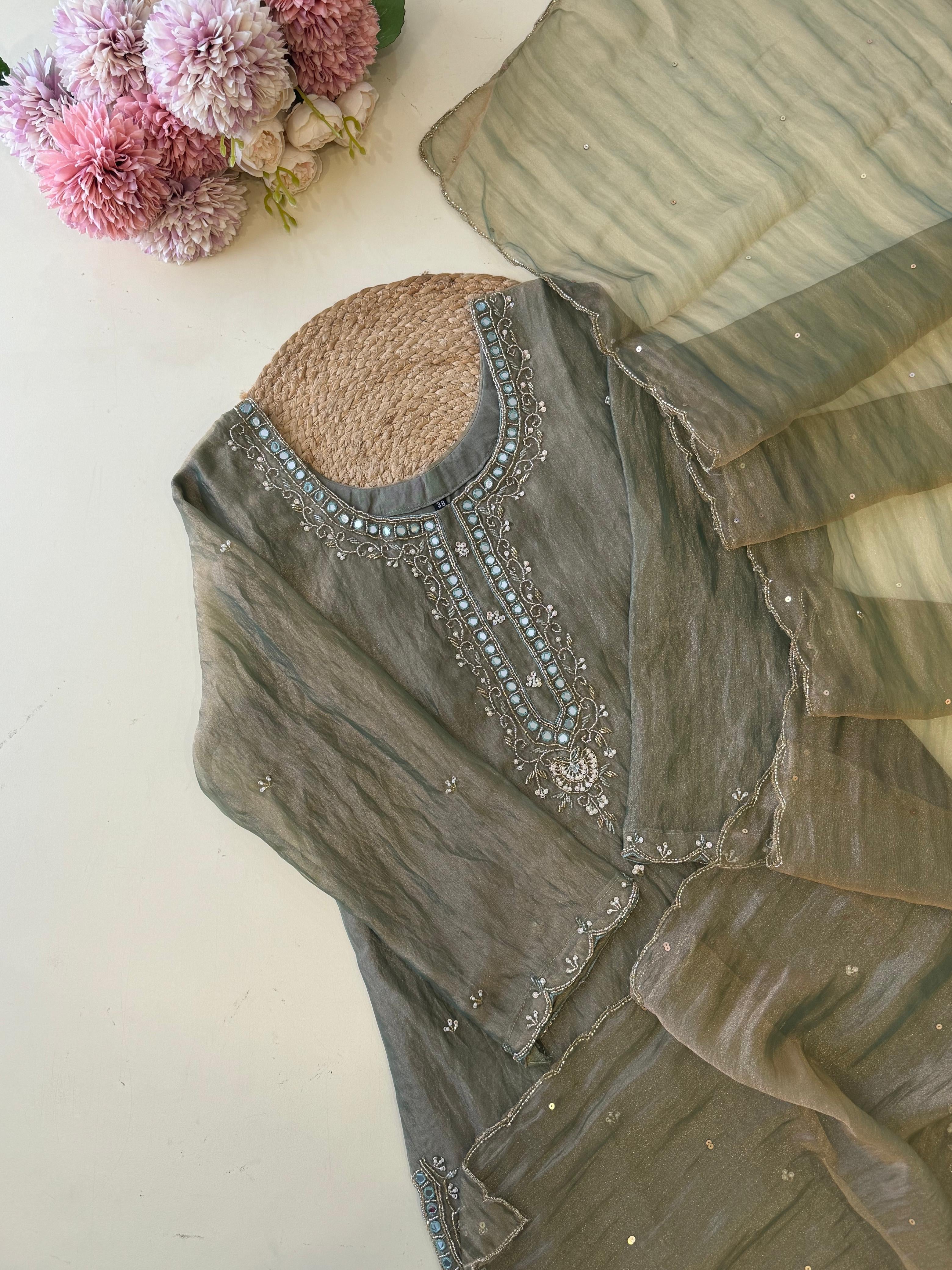 Premium Grey Organza Suit with Intricate Embroidery