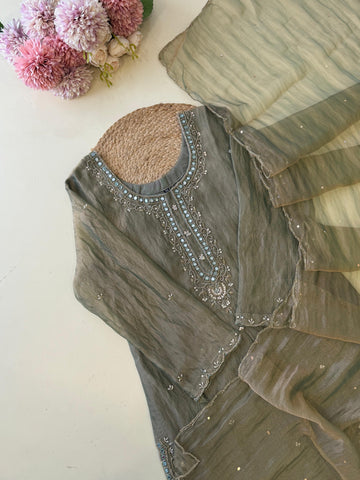 Premium Grey Organza Suit with Intricate Embroidery