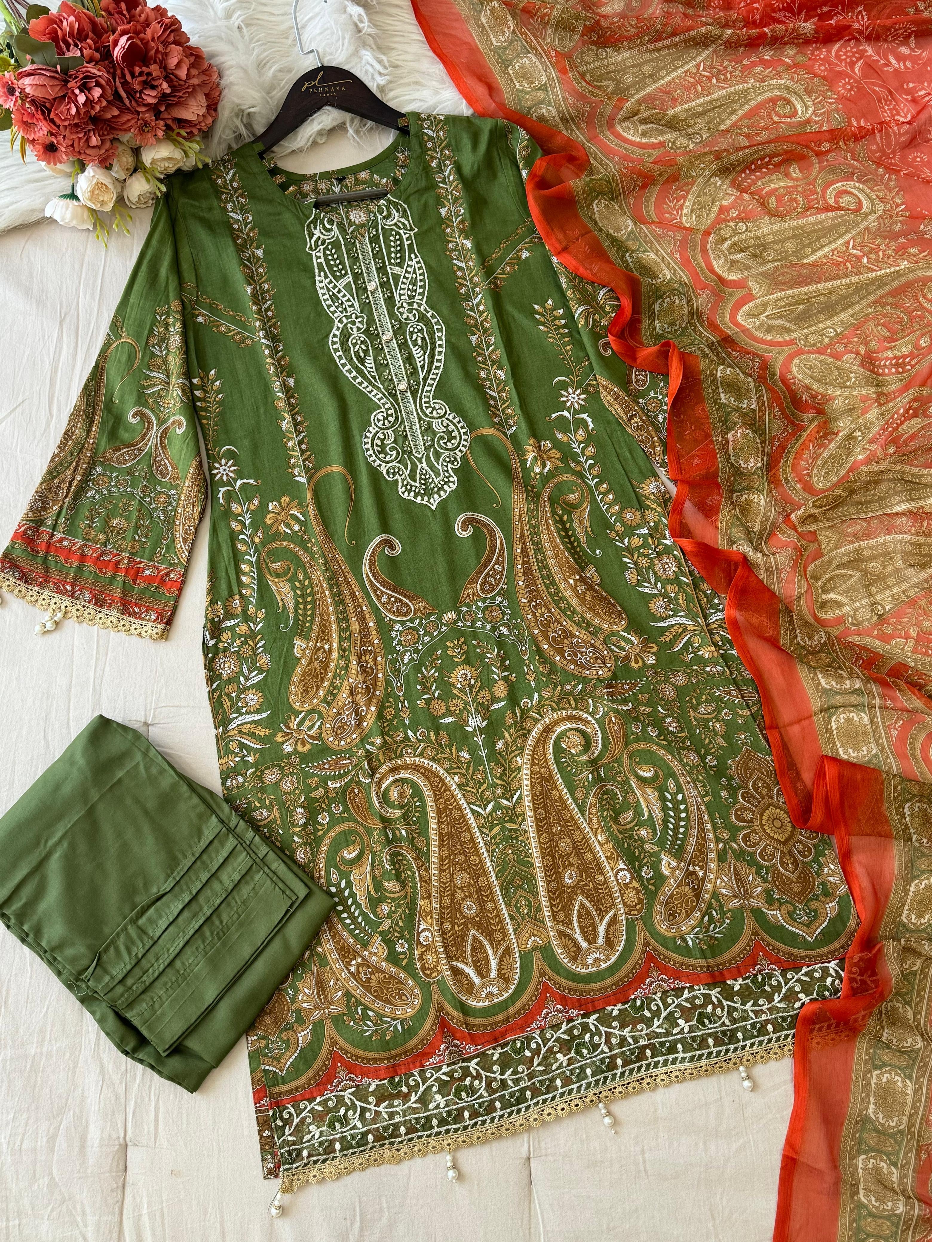 Green Printed Pakistani Cotton Suit with Chiffon Dupatta 1350
