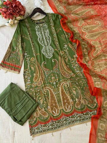 Green Printed Pakistani Cotton Suit with Chiffon Dupatta 1350