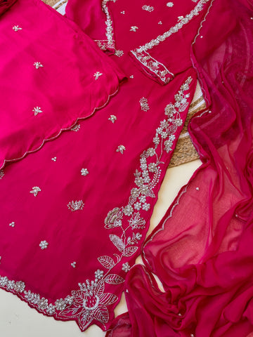 chinnon stitched suit with hand work detailings-hot pink