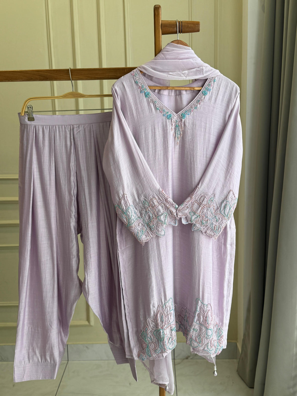 Farshi Salwar with Mulchandheri beautiful Handwork - Pehnava Lawns
