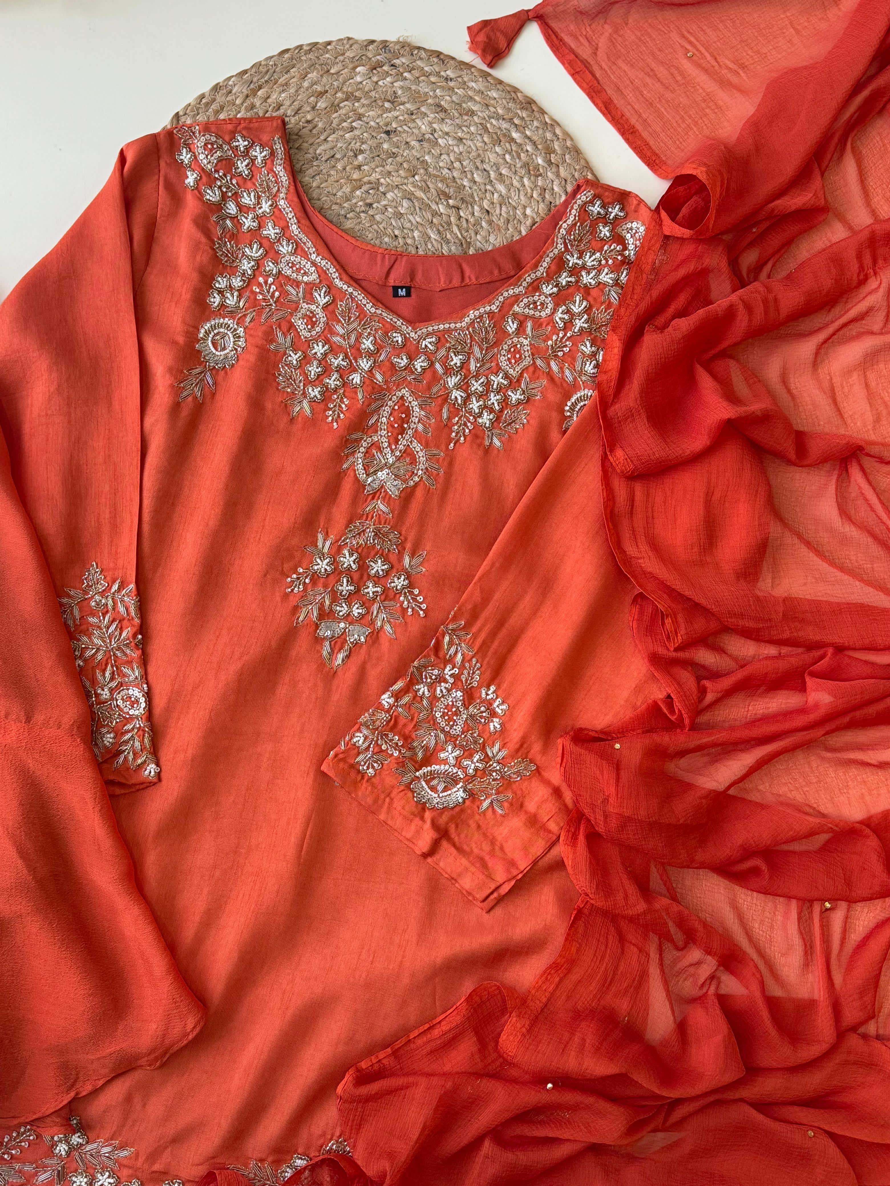 Dola silk short handworked shirt with wide palazzos-3939