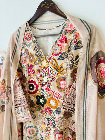 Floral Print Cotton Suit with Lace-17144 - Pehnava Lawns