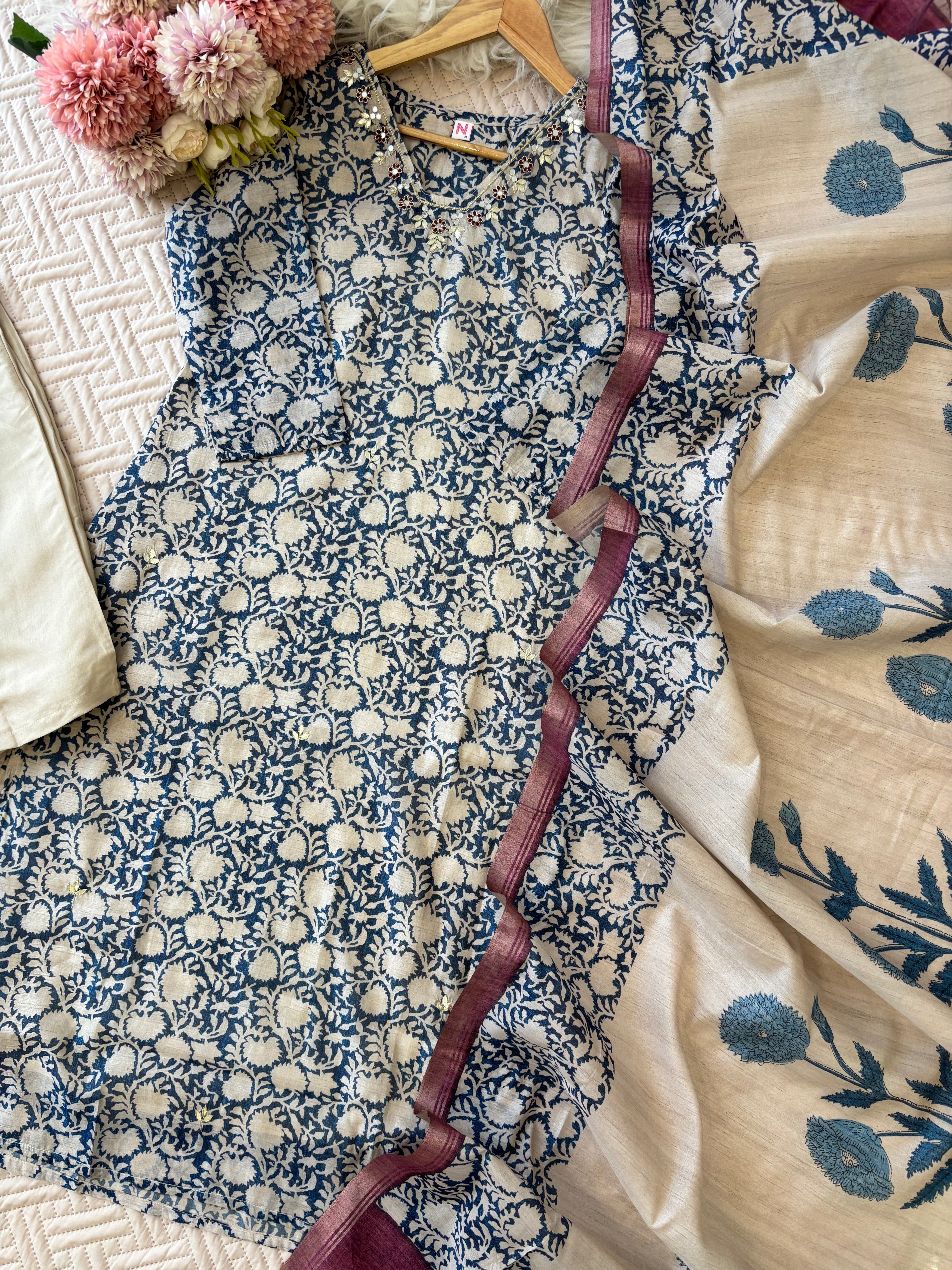 Chandheri- Silk Floral 3 Piece Suit- Blue N White