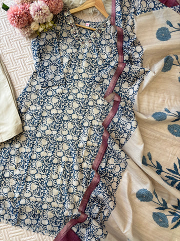 Chandheri- Silk Floral 3 Piece Suit- Blue N White