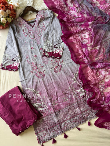 Floral Embroidered Cotton Suit Purple -4106