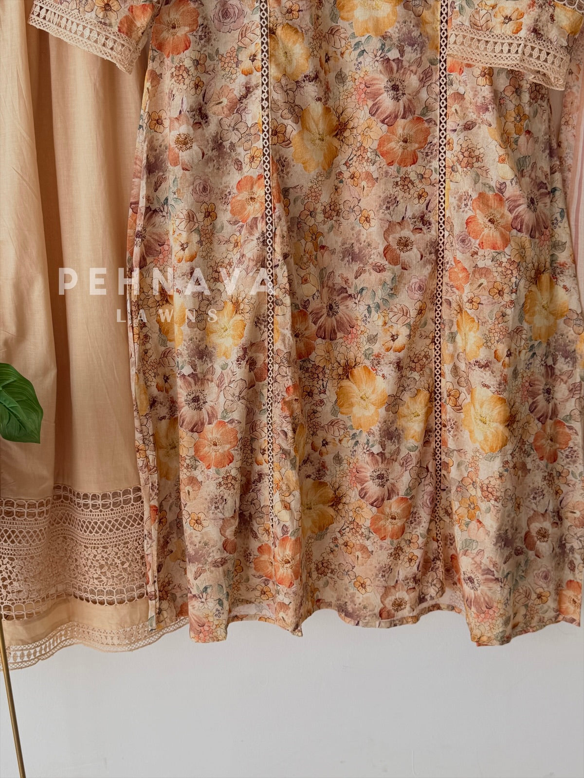 Floral Print Cotton Suit with Lace