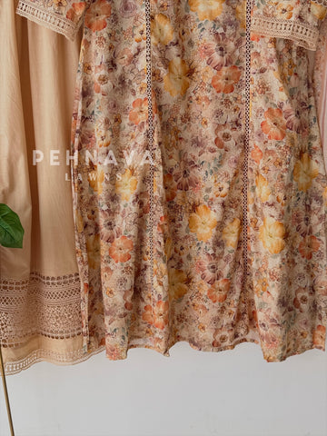 Floral Print Cotton Suit with Lace
