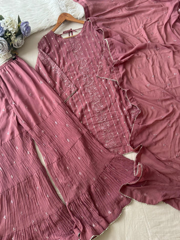 Georgette Embroidered Pink Sharara Suit