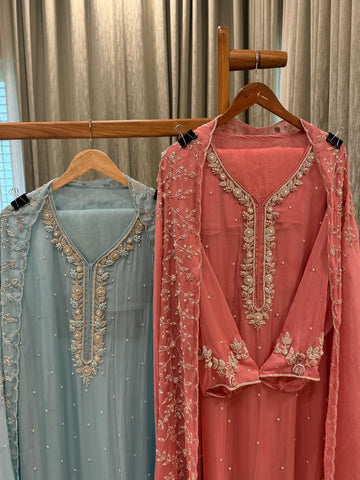 Premium organza  handwork suit with bottom and organza  hand  worked dupatta-1098