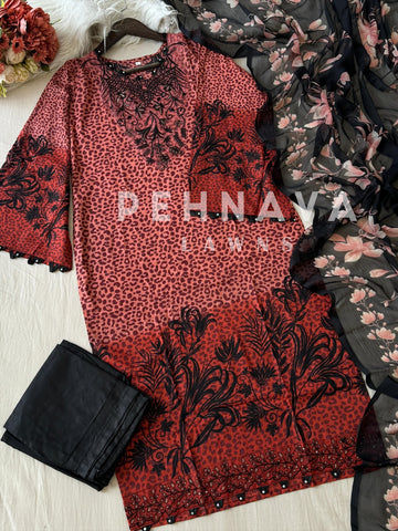 Three-Piece Ethnic Embroidery with Floral Dupatta-1355