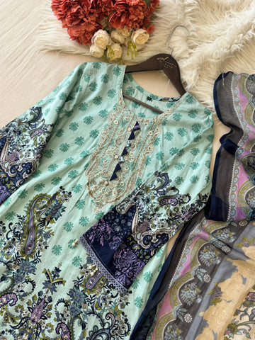 Paisley Green Suit with Neckline Embroidery 1366A