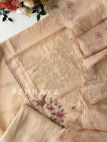 Chanderi Floral Embroidered Unstitched Suit
