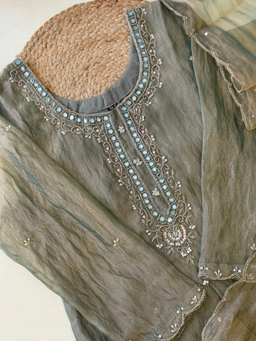 Premium Grey Organza Suit with Intricate Embroidery