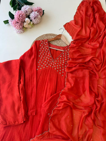 Premium Mul Chandheri A-line suit with neck detailings