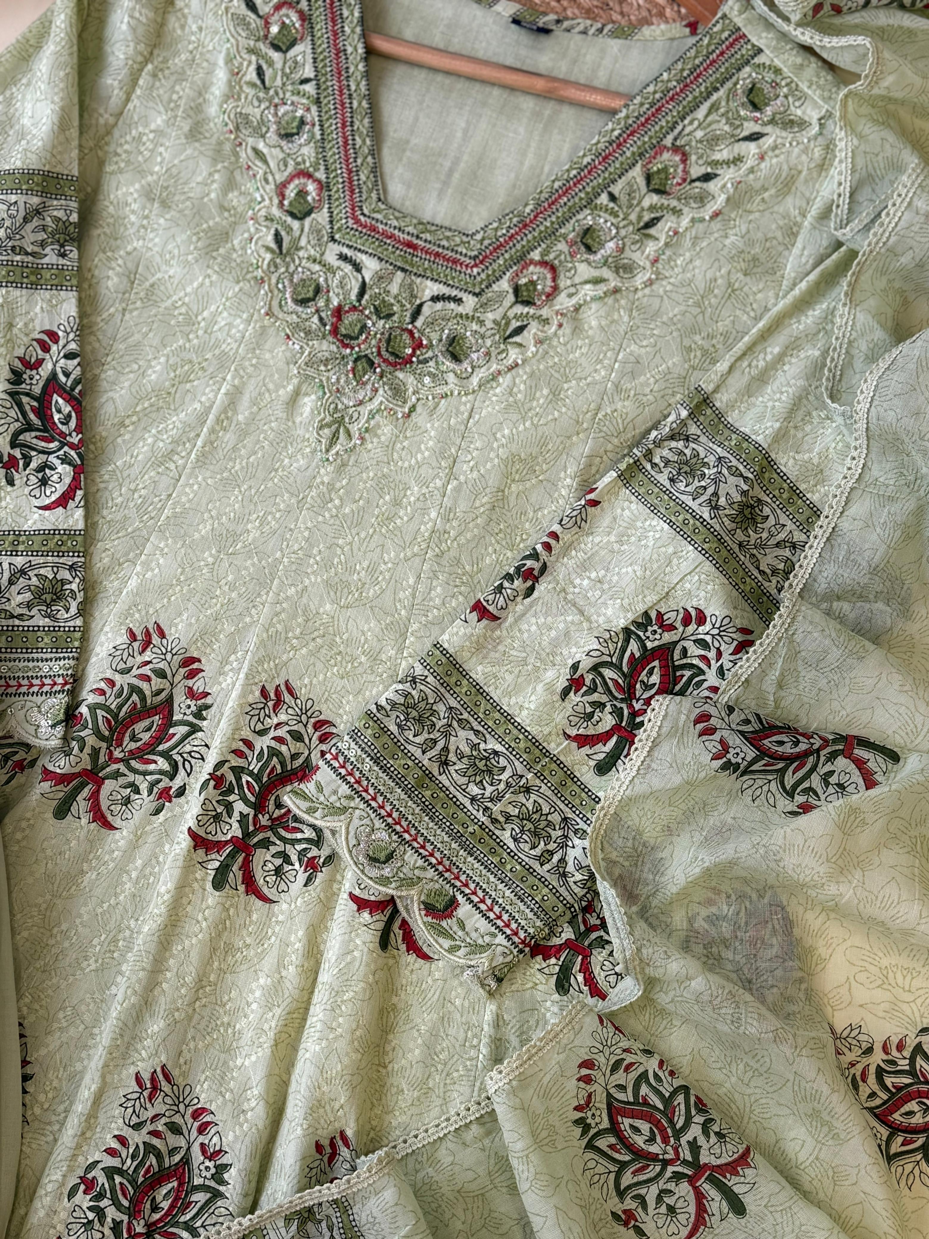Cotton Floral-Anarkali with lace work and embroidered neck