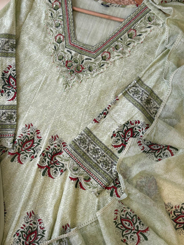 Cotton Floral-Anarkali with lace work and embroidered neck