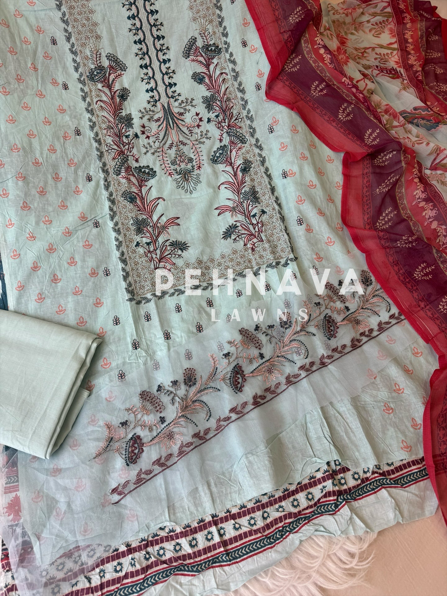 Embroidered cotton suit with chiffon dupatta -blue/pink 3374