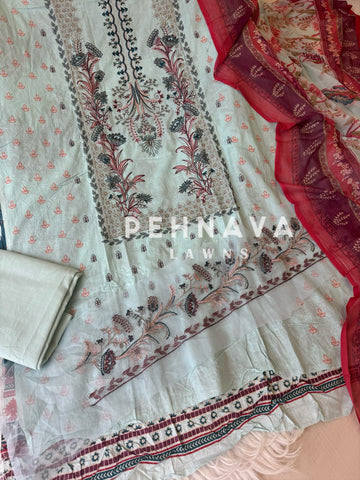 Embroidered cotton suit with chiffon dupatta -blue/pink 3374