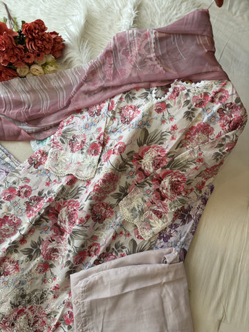 Lace Trimmed Floral Suit-Set-5006