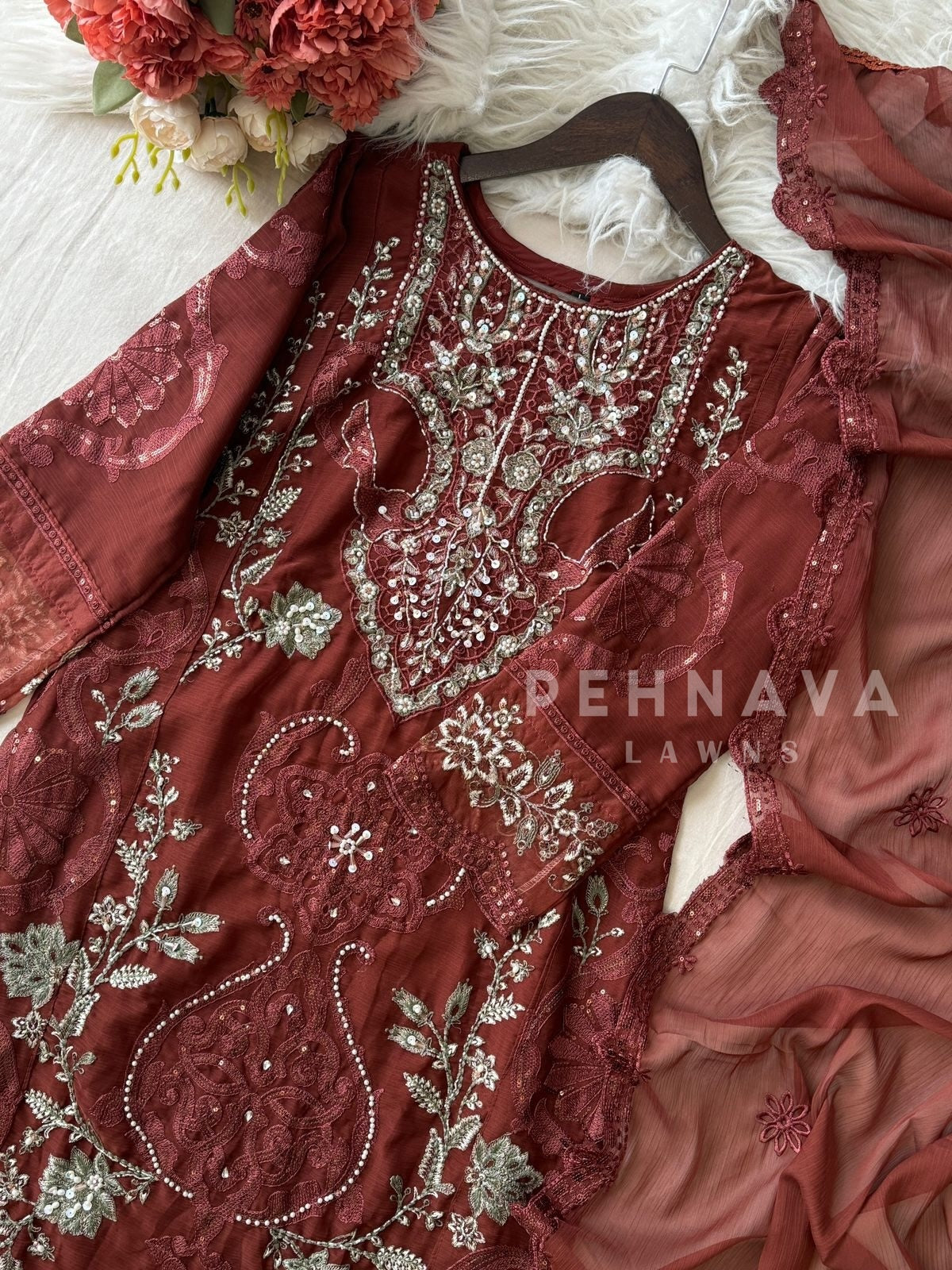 Embroidered Chiffon Suit Set-5232 F