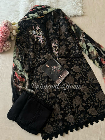 Black printed Cotton Suit with embroidered patches – 3426