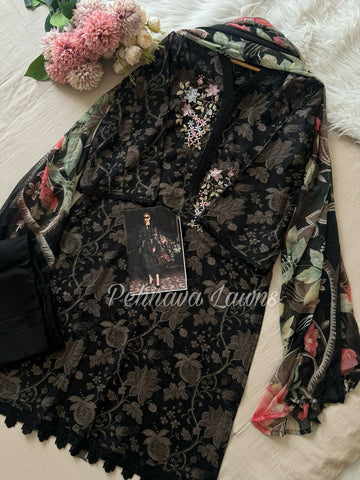 Black printed Cotton Suit with embroidered patches – 3426