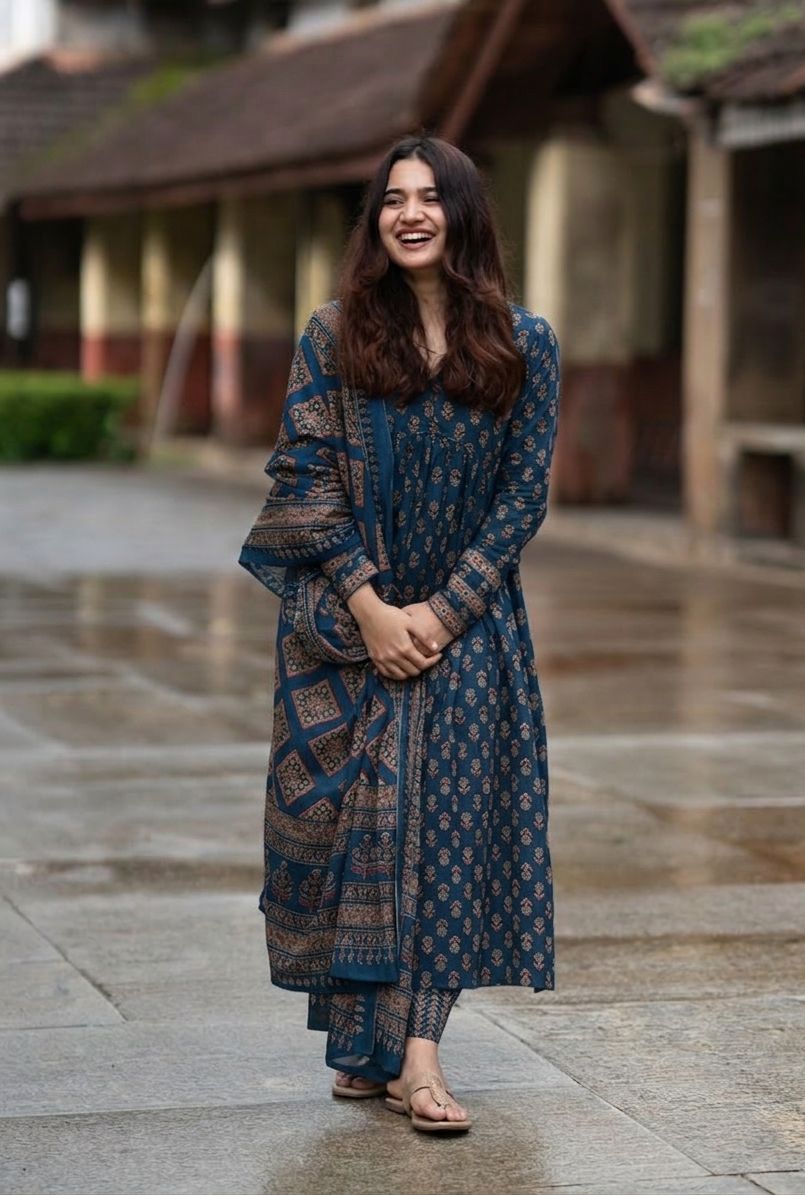 Classic Ajrakh Print Suit-Blue 127